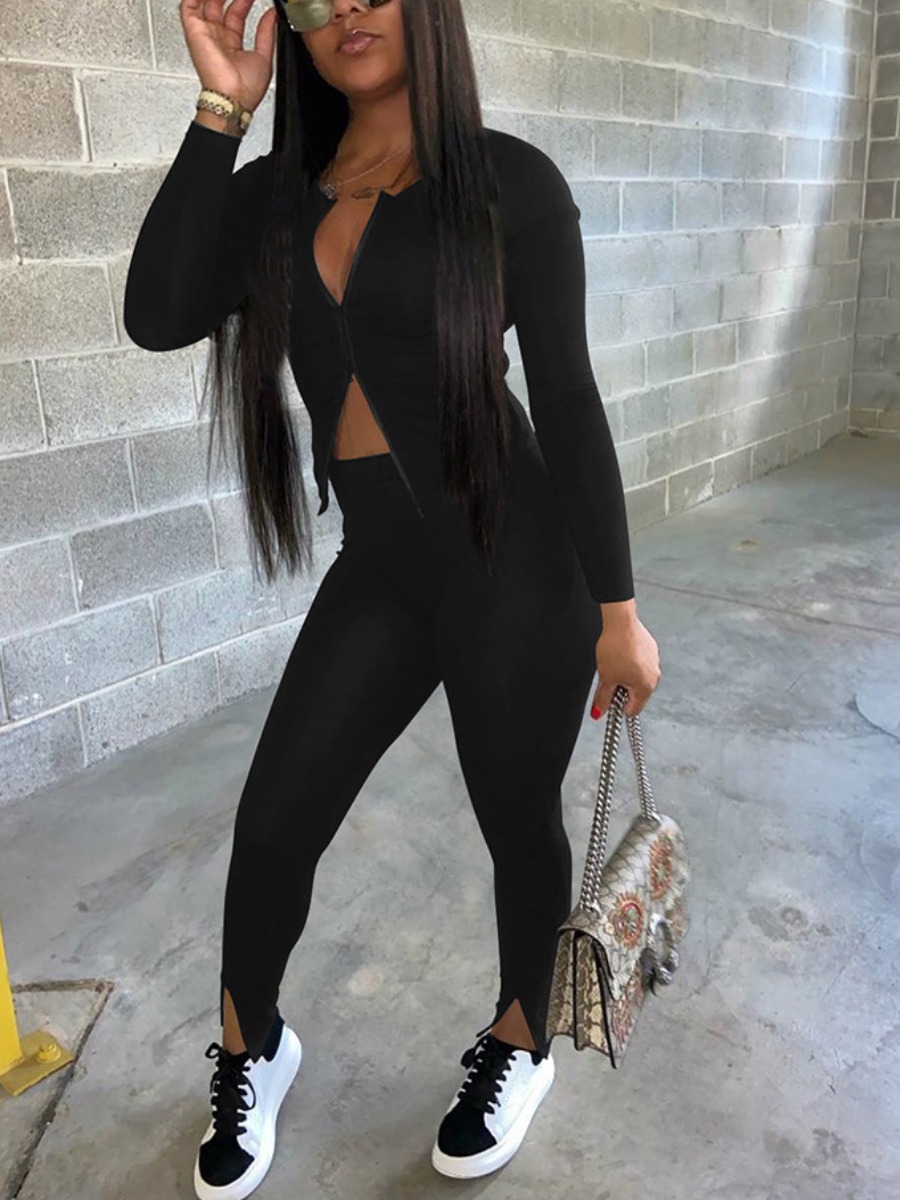 

LW BASICS Zipper Design Slit Skinny Pants Set, Black