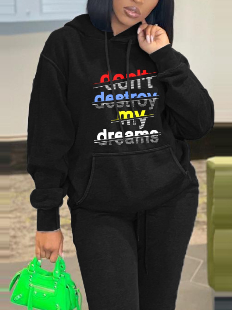 

LW Letter Print Oversized Hoodie, Black
