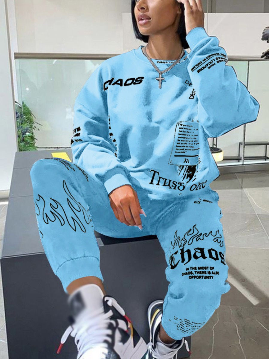 

LW Letter Print Loose Pants Set, Blue