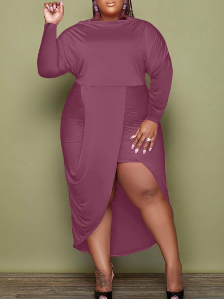 

LW Plus Size Ruched Solid Asymmetrical Dress, Purple