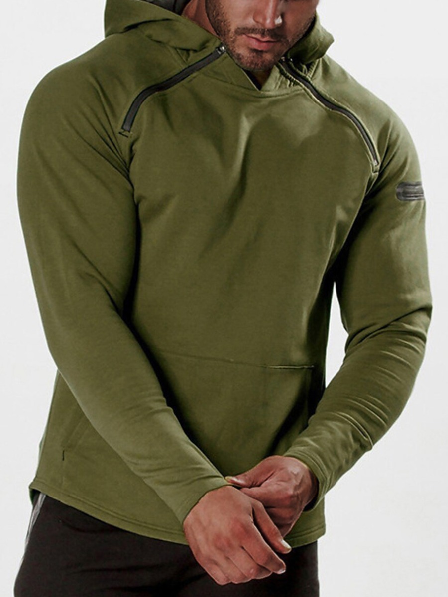 

LW Men Shoulder Zipper Pocket Design Hoodie, Green
