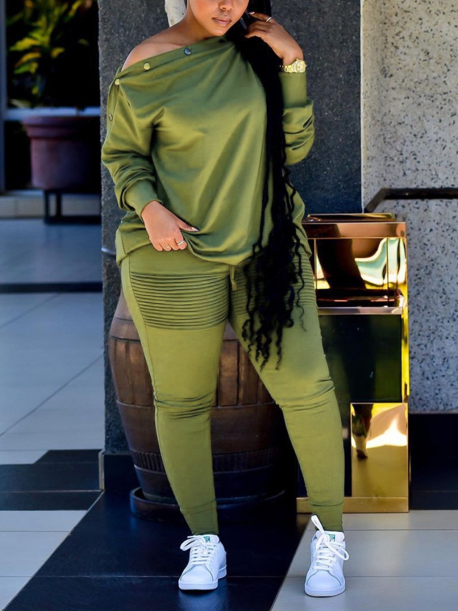 

LW Boat Neck Ruched Pants Set, Army green