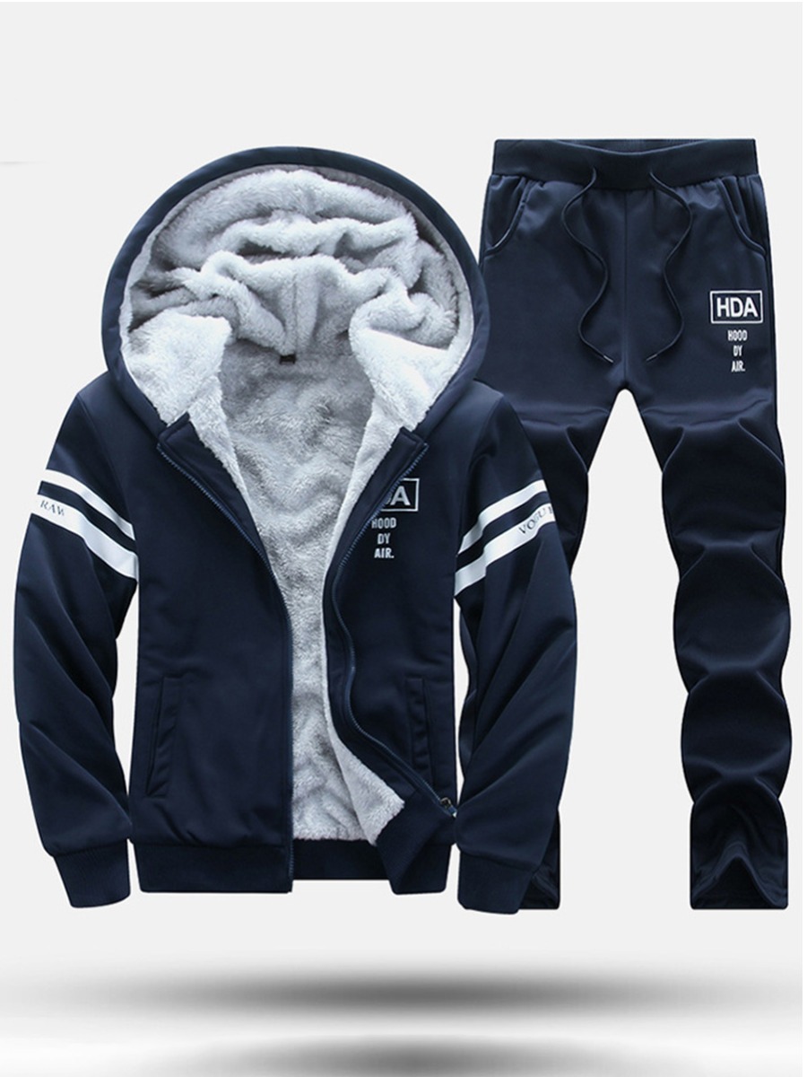 LW Men Letter Print Zip Up Striped Tracksuit Set, Deep blue