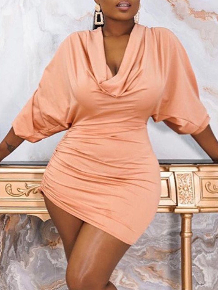 

LW SXY Ruched Drawstring Solid Bodycon Dress, Pink
