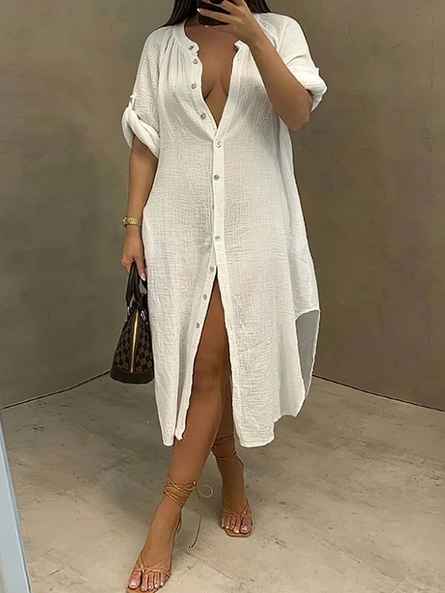 

LW COTTON Button Design Split Shirt Dress, White