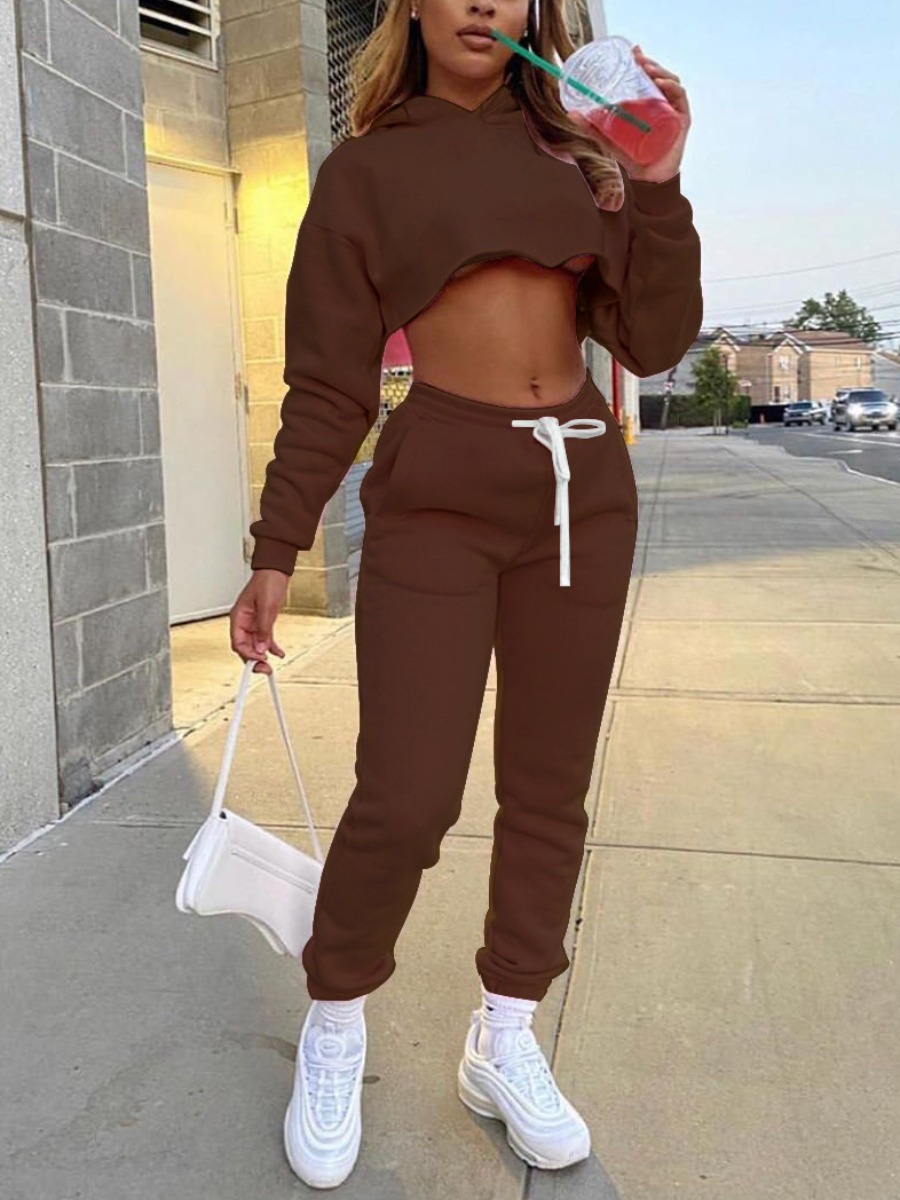 

LW Cotton Drawstring Solid Crop Tracksuit Set, Brown