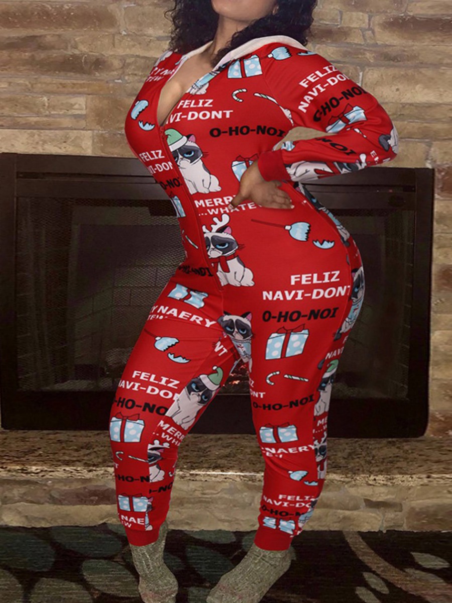 

LW Plus Size Hooded Collar Letter Print Jumpsuit, Red