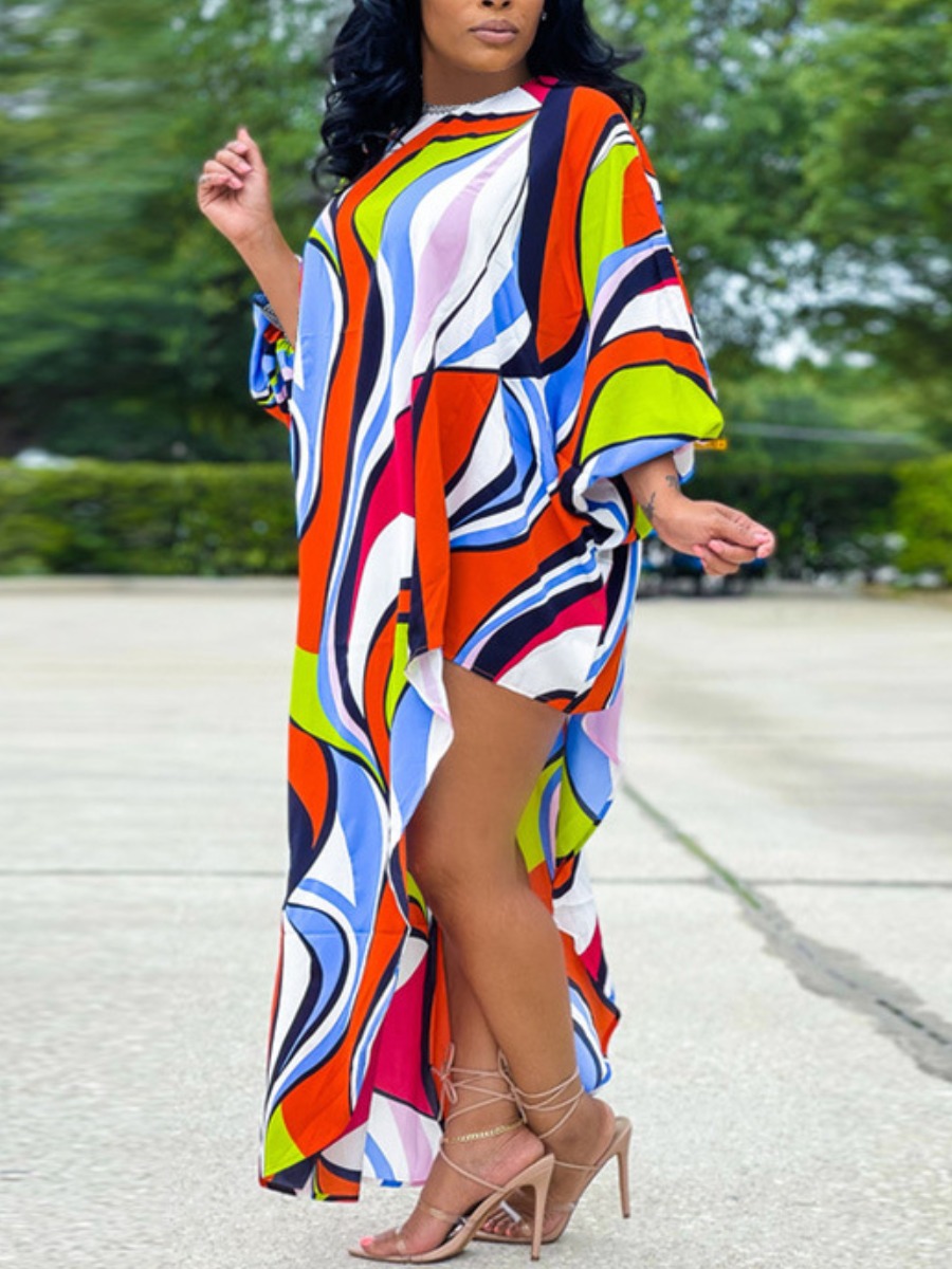

LW Ruffle Design Asymmetrical Patchwork Dress, Multi
