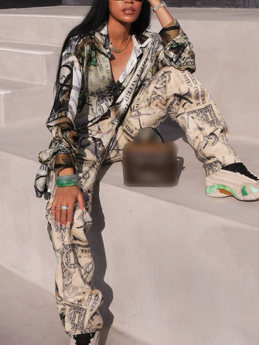

LW Turndown Collar Money Print Pants Set, Multi