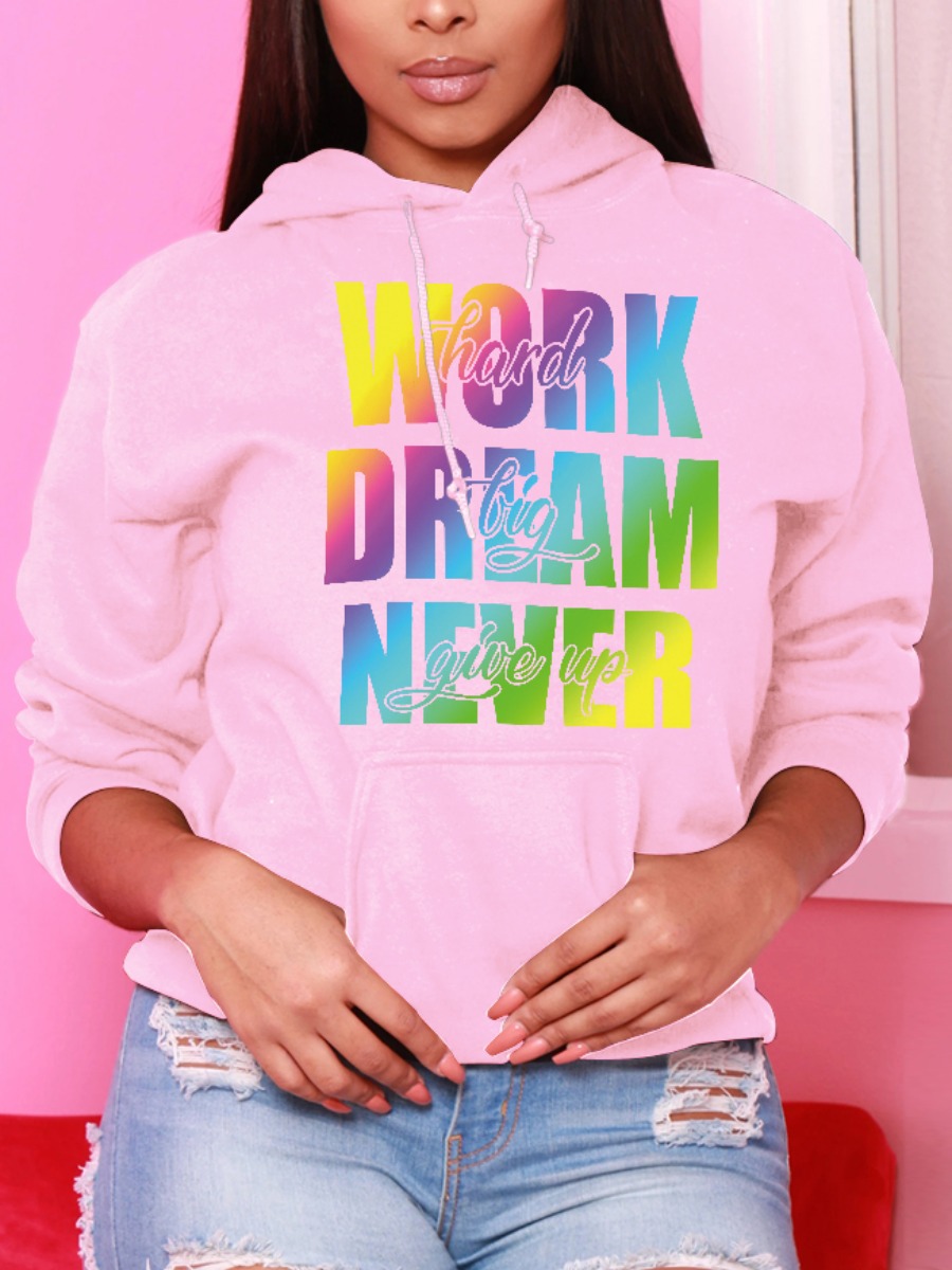 

LW Letter Print Kangaroo Pocket Hoodie, Pink