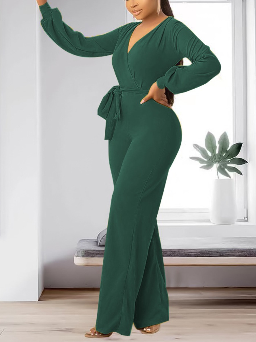 

LW SXY Surplice Neck Bandage Design Jumpsuit, Black green