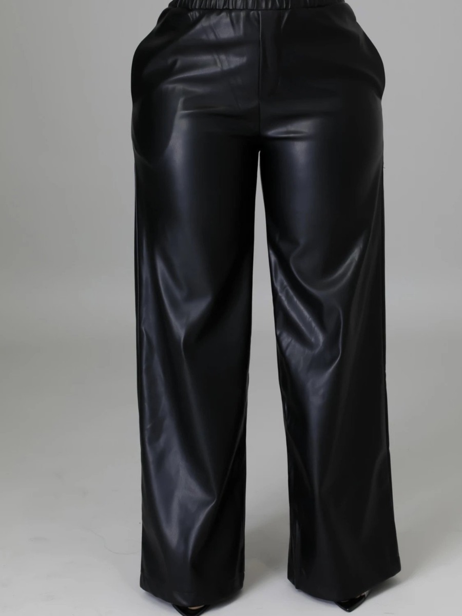 

LW Leather Elastic Waist Wide Leg Pants, Black
