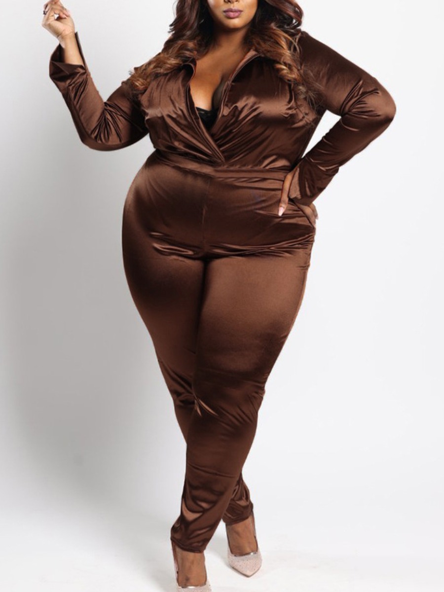 

LW Plus Size Satin Turndown Collar Pants Set, Brown
