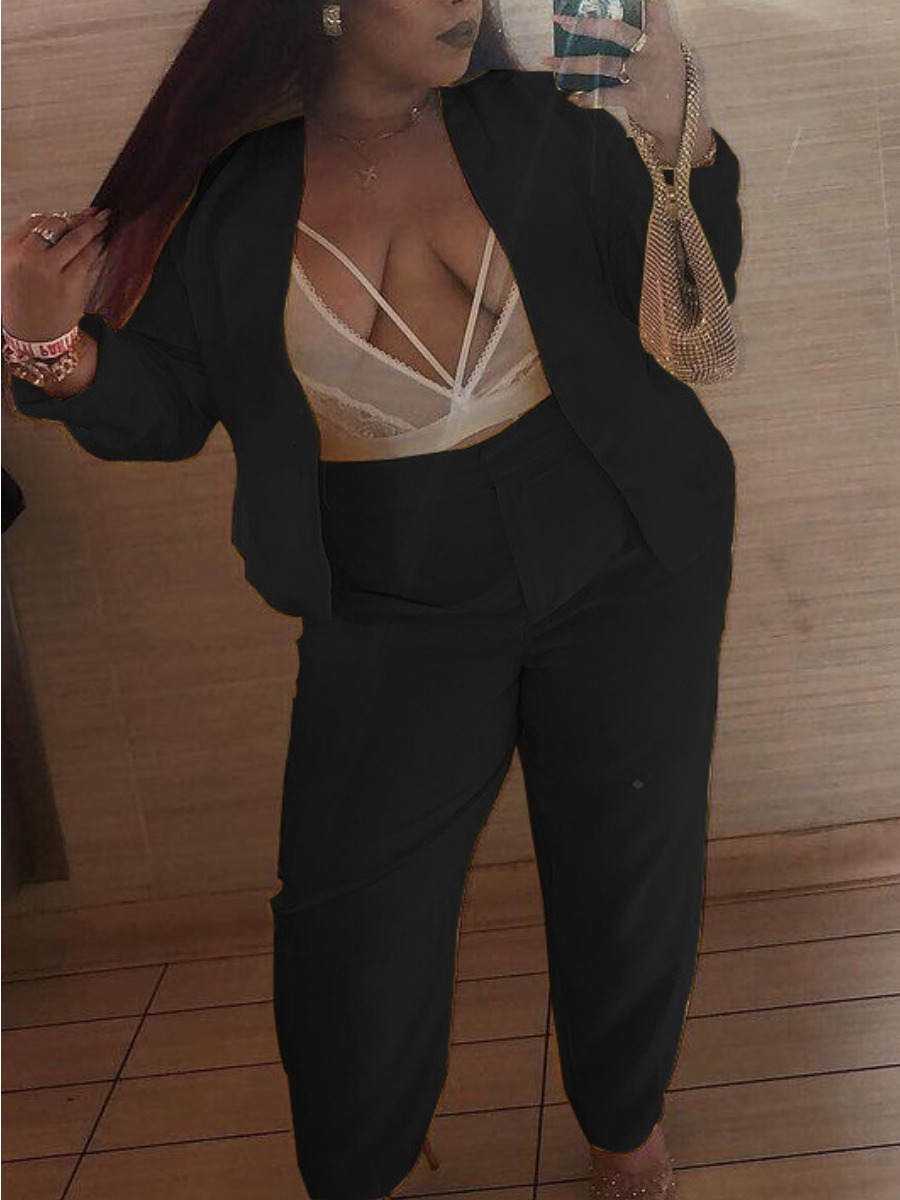 

LW Plus Size Open Front Blazer Pants Set, Black