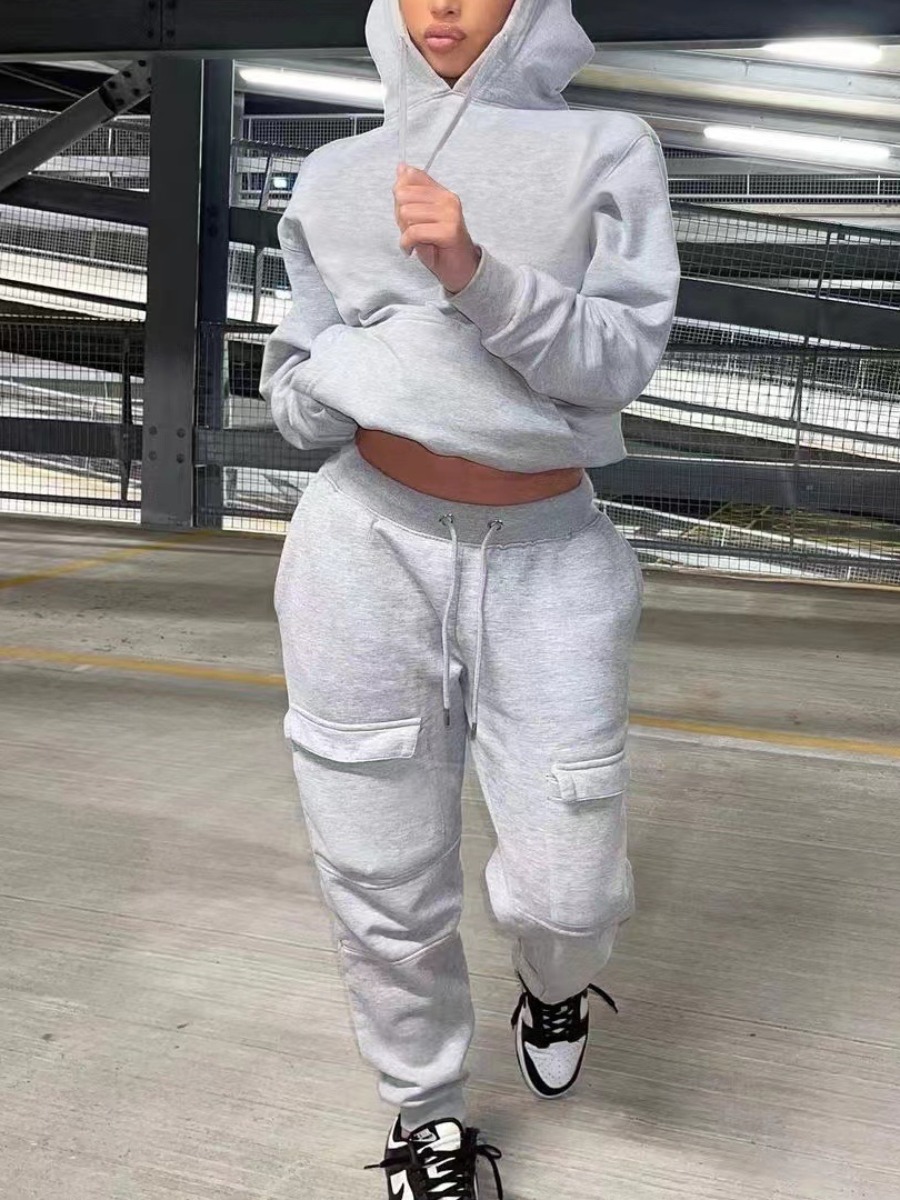 

LW Kangaroo Pocket Drawstring Loose Tracksuit Set, Grey