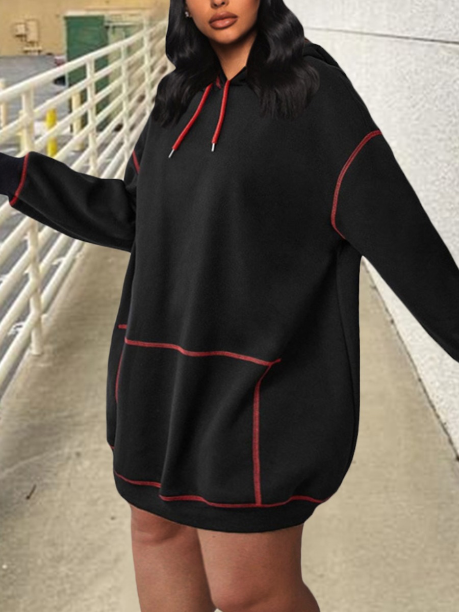 

LW Plus Size Hooded Collar Striped Sweat Dress, Black