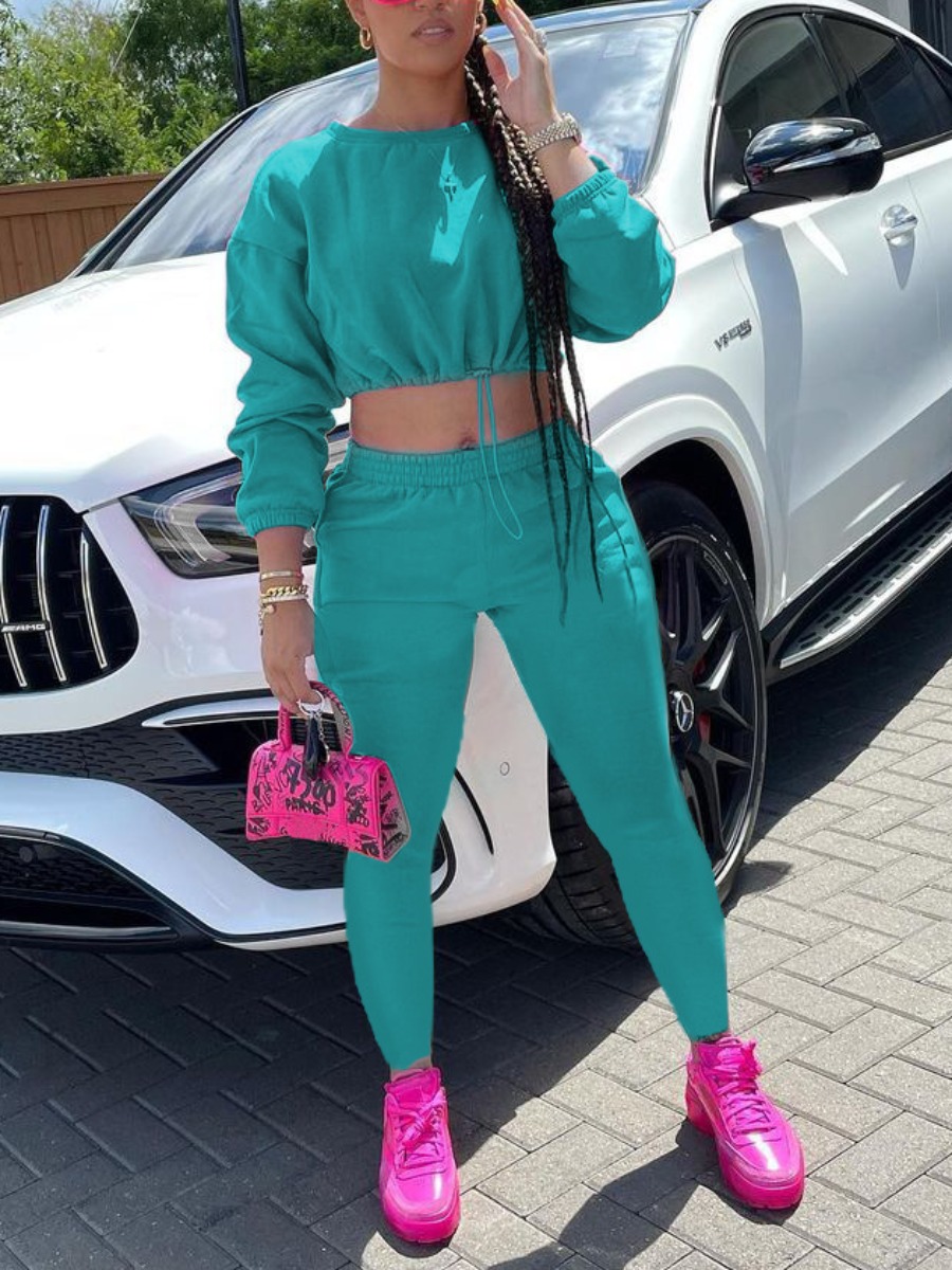 

LW Drawstring Solid Crop Top Pants Set, Green