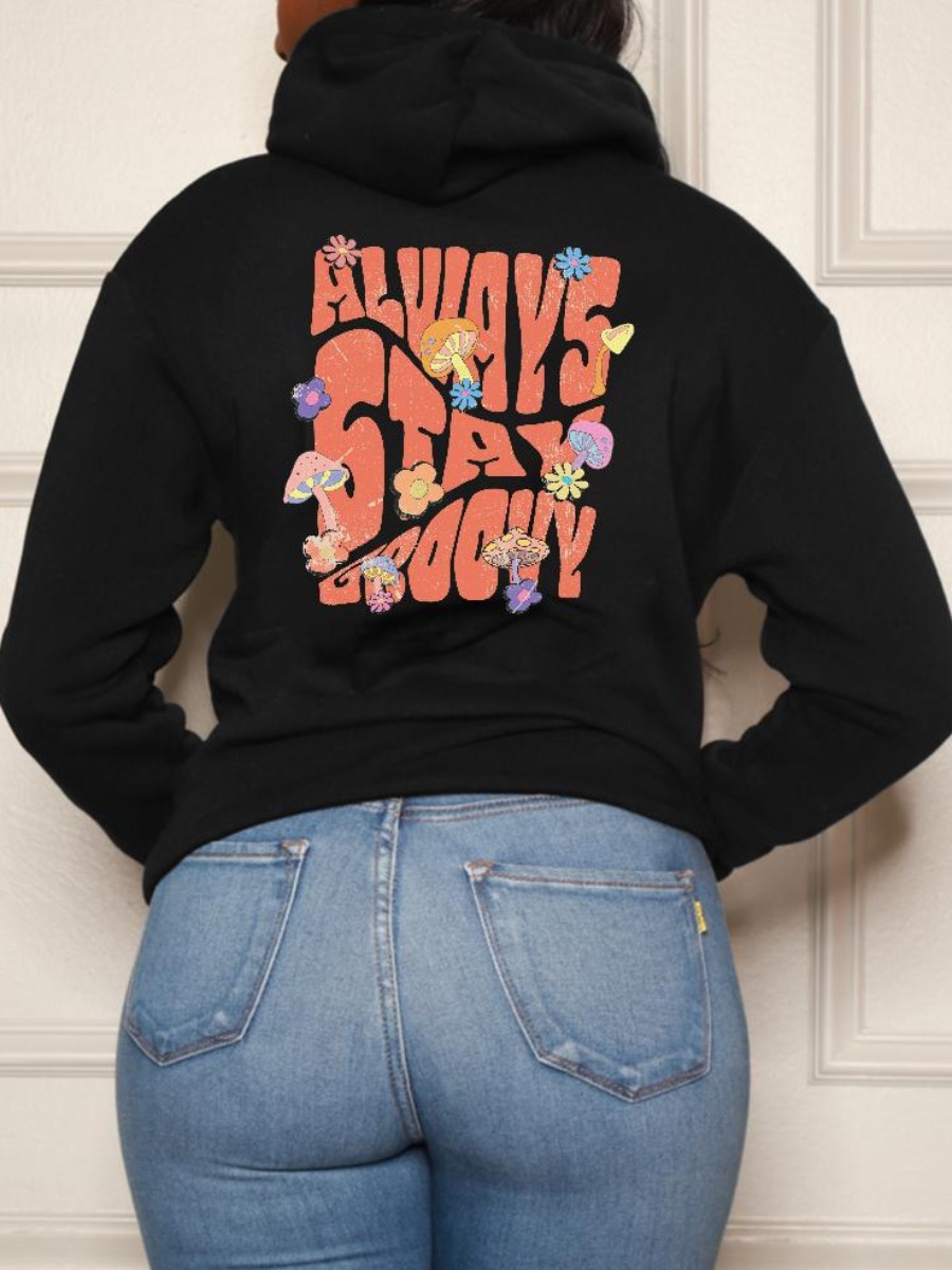 

LW Mixed Print Loose Hoodie, Black