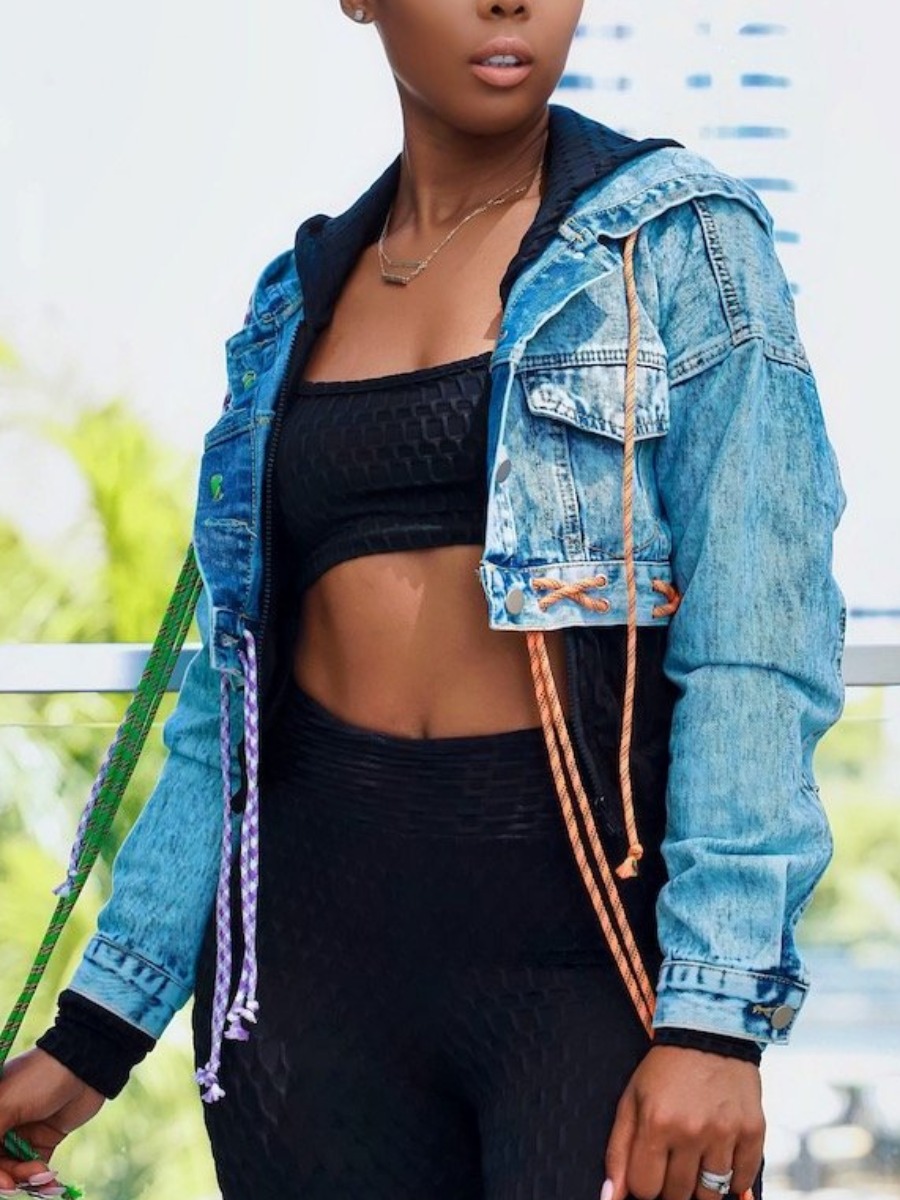 

LW Ribbon Decor Crop Top Denim Jacket, Baby blue