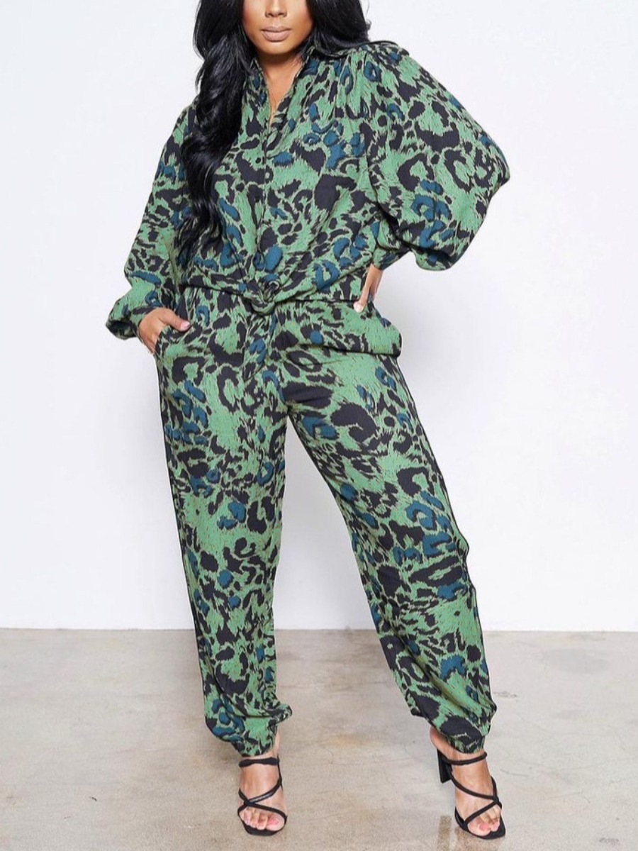 

LW Camo Animal Print Lantern Sleeve Pants Set, Green