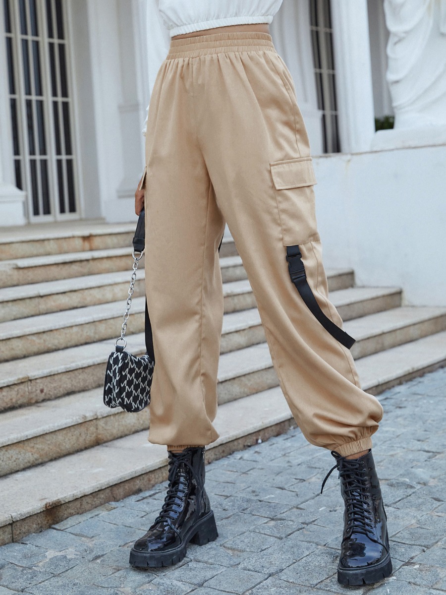 

LW High Waist Pocket Design Loose Pants, Apricot