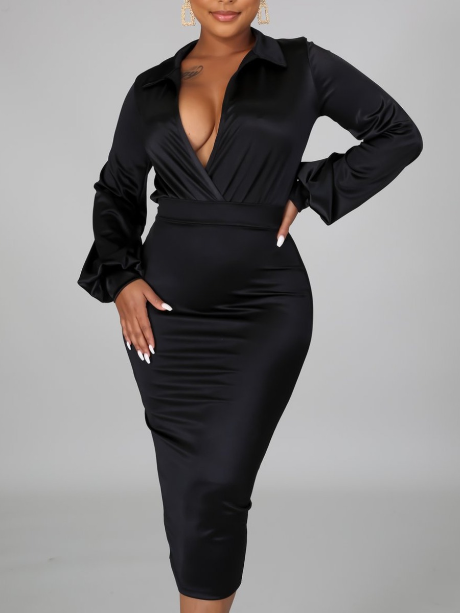 

LW Satin Ruched Solid Skirt Set, Black