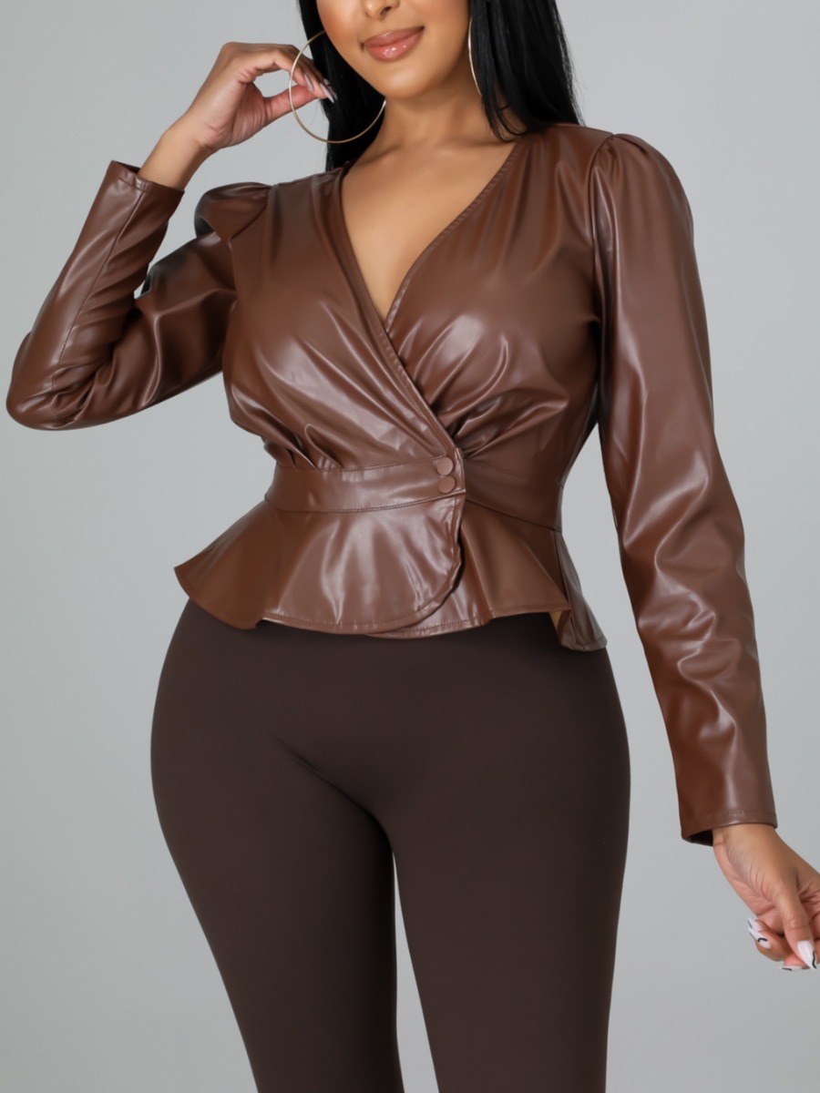 

LW Ruffle Design Ruched Skinny Solid Leather, Brown