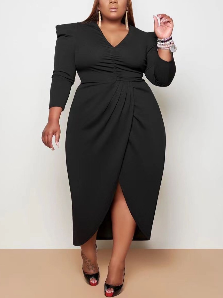 

LW Plus Size Split Ruched Solid Dress, Black