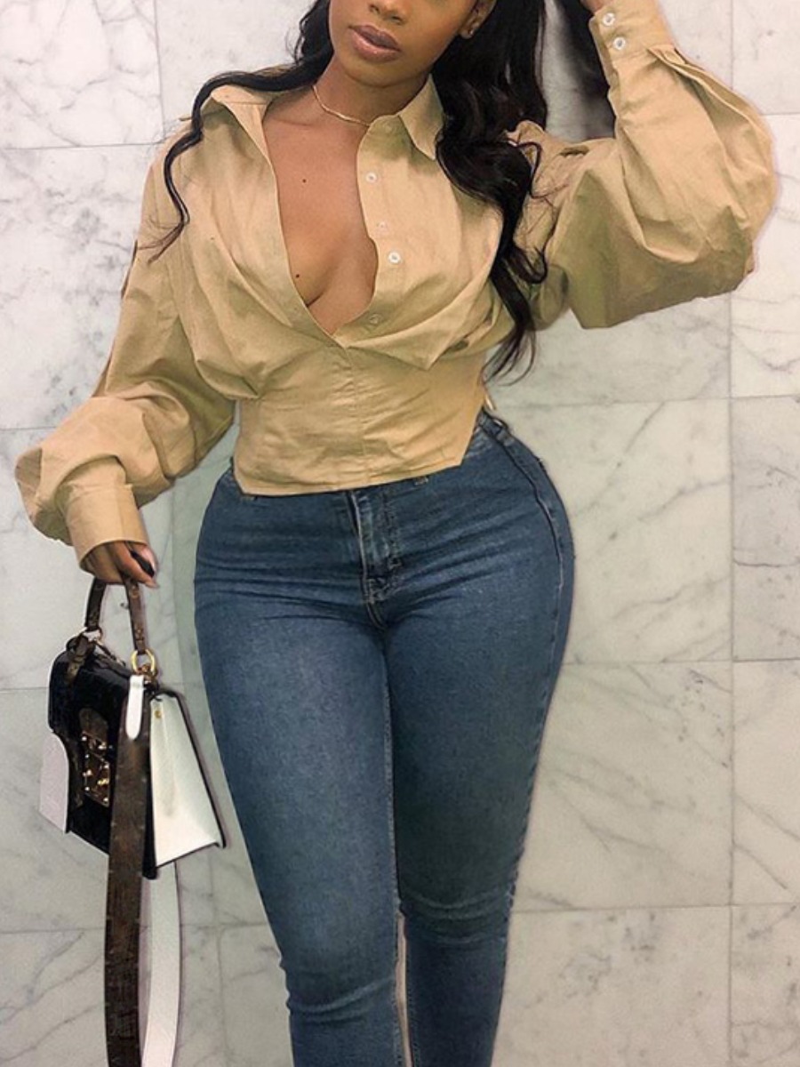 

LW Plus Size Lapel Neck lantern sleeve Blouse, Khaki