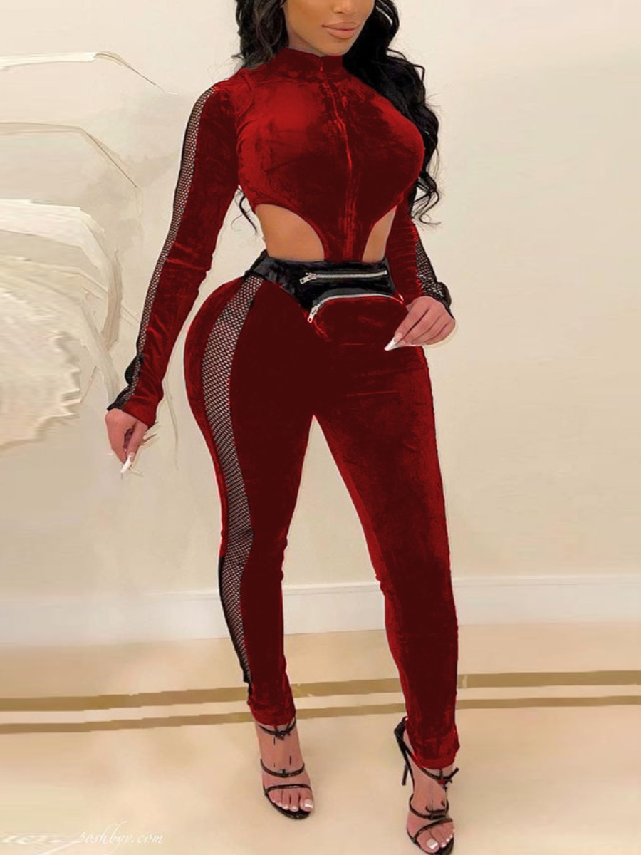 

LW SXY Velvet See-through Cut Out Skinny Jumpsuit, Wine red