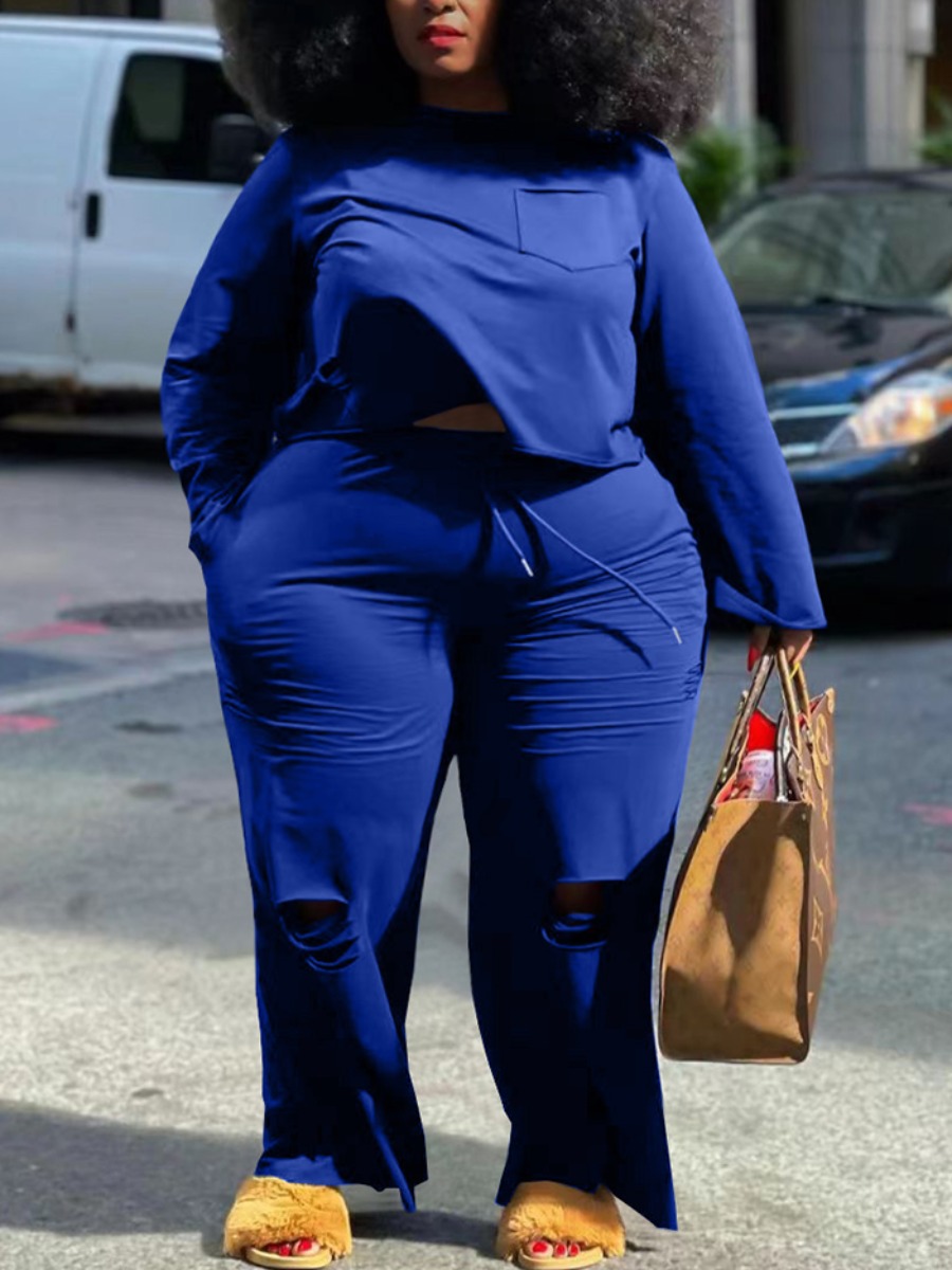 

LW BASICS Plus Size Hollow-out Drawstring Pants Set, Blue