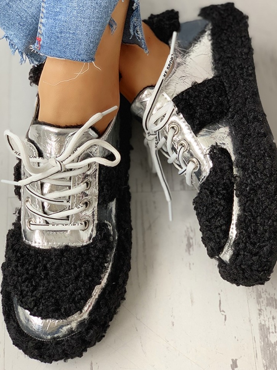 

LW Plush Lace-up Flats, Black