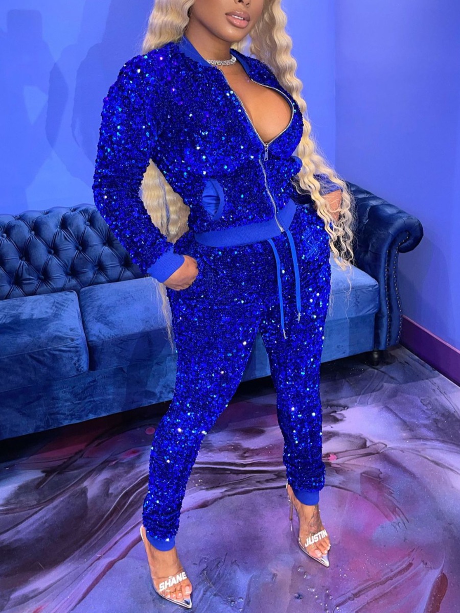 

LW SXY Sequined Zip Up Drawstring Pants Set, Blue