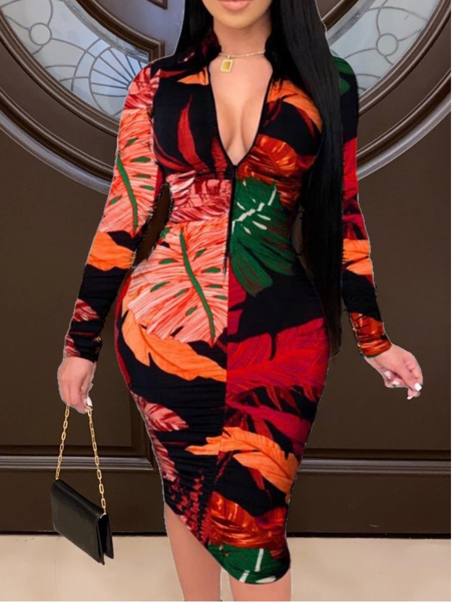 

LW Plus Size Floral Print Zipper Design Bodycon Dress, Red