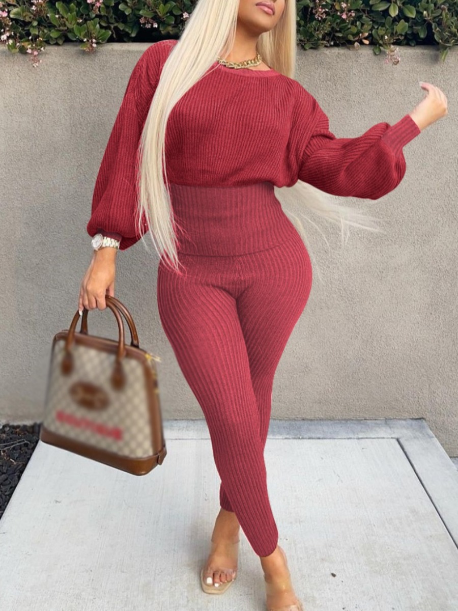 

LW Dropped Shoulder Rib-Knit Pants Set, Purplish red