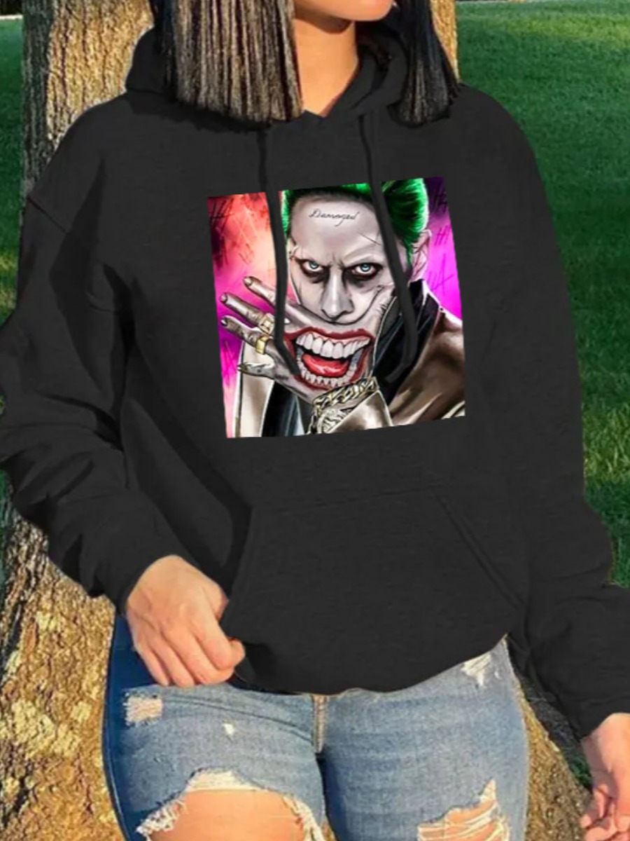 LW Plus Size Pocket Desig Portrait Print Hoodie, Black