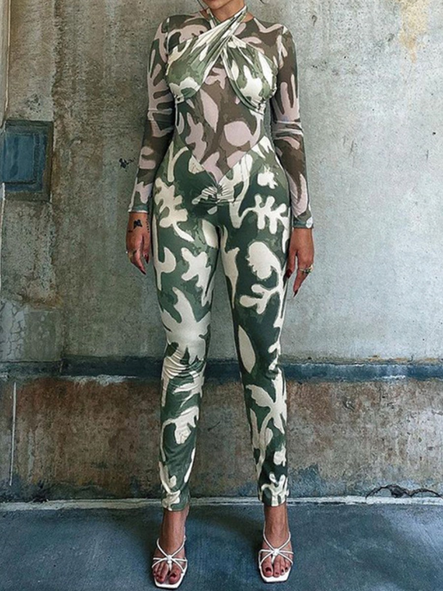 

LW SXY Bandage Design Print Jumpsuit, Green