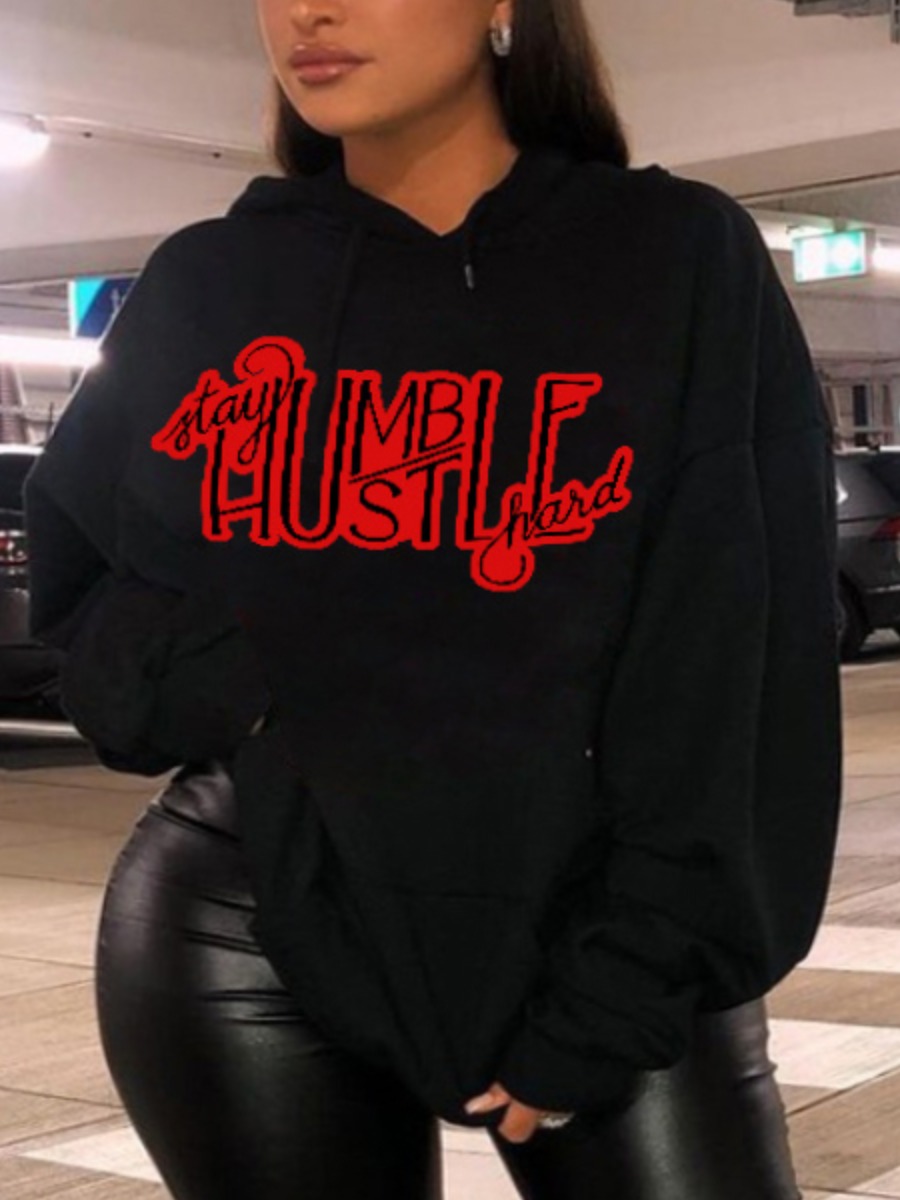 

LW Plus Size Pocket Design Letter Print Hoodie, Black