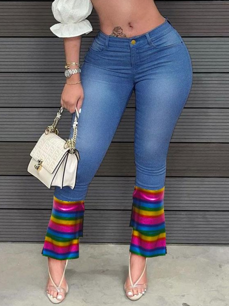 

LW High Waist Rainbow Striped Jeans, Blue