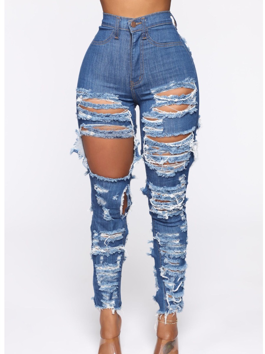 

LW Mid Waist Ripped Raw Edge Jeans, Deep blue