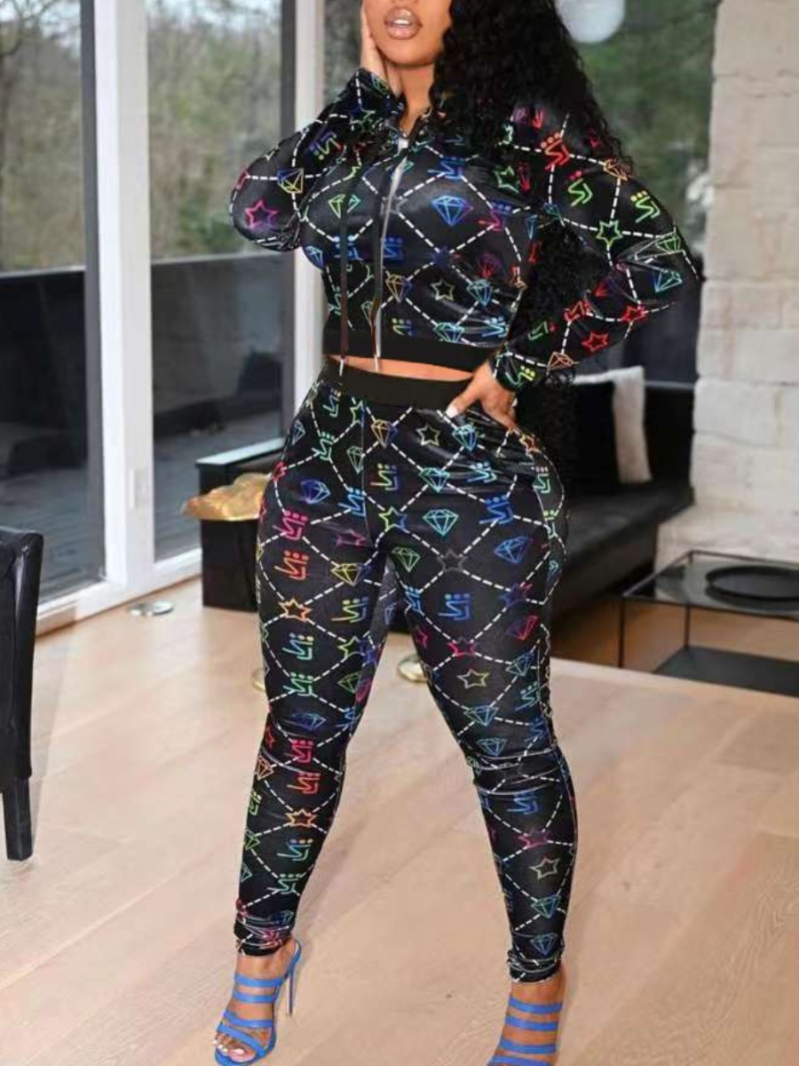 

LW Diamond Print Patchwork Tracksuit Set, Black