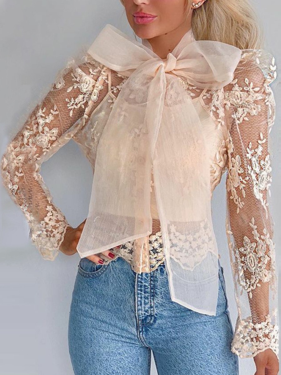 

LW Lace Hem See-through Bow Tie Solid Blouse, Apricot