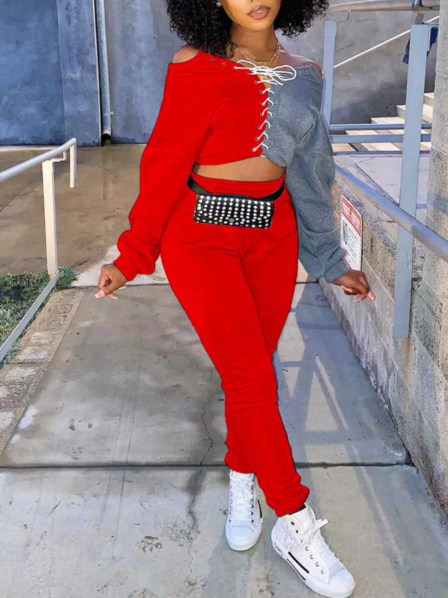 

LW Cross Strap Patchwork Crop Pants Set, Red