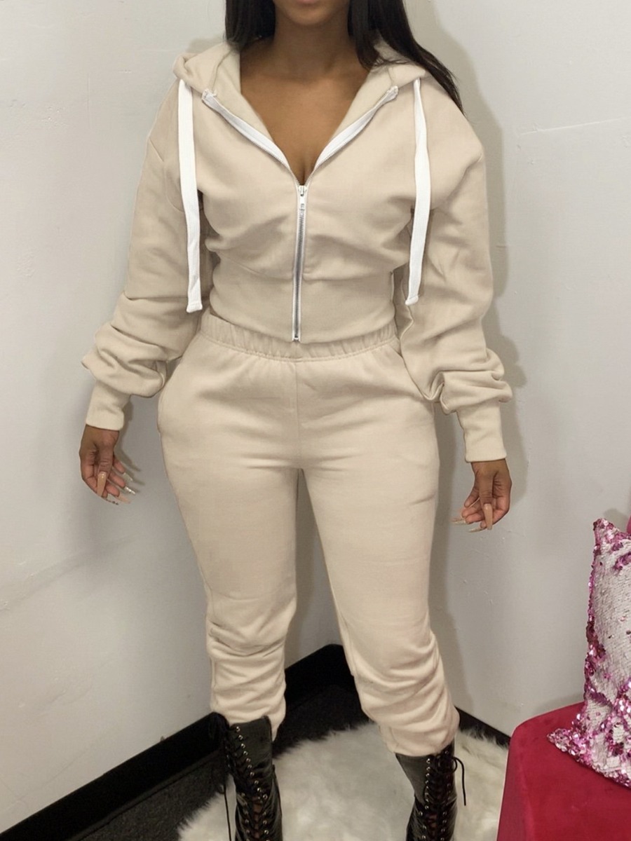 

LW Cotton Hooded Collar Zipper Design Tracksuit Set, Khaki