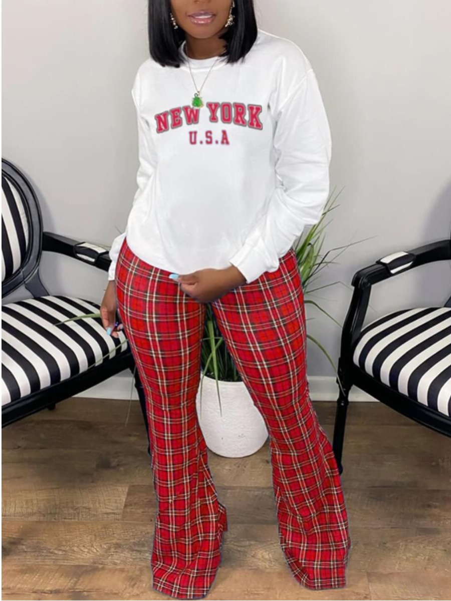

LW Plus Size Plaid Letter Print Pants Set, Red