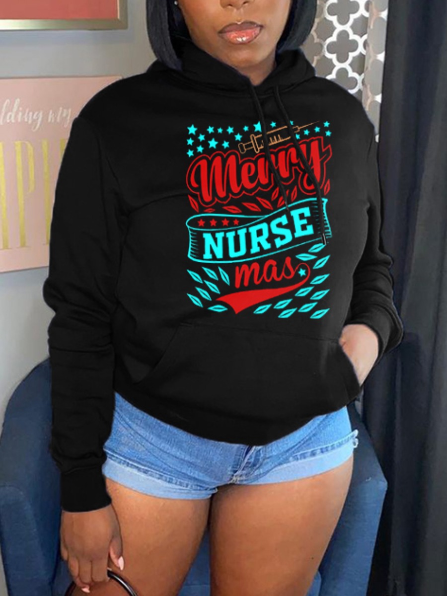 

LW Letter Star Print Loose Hoodie, Black