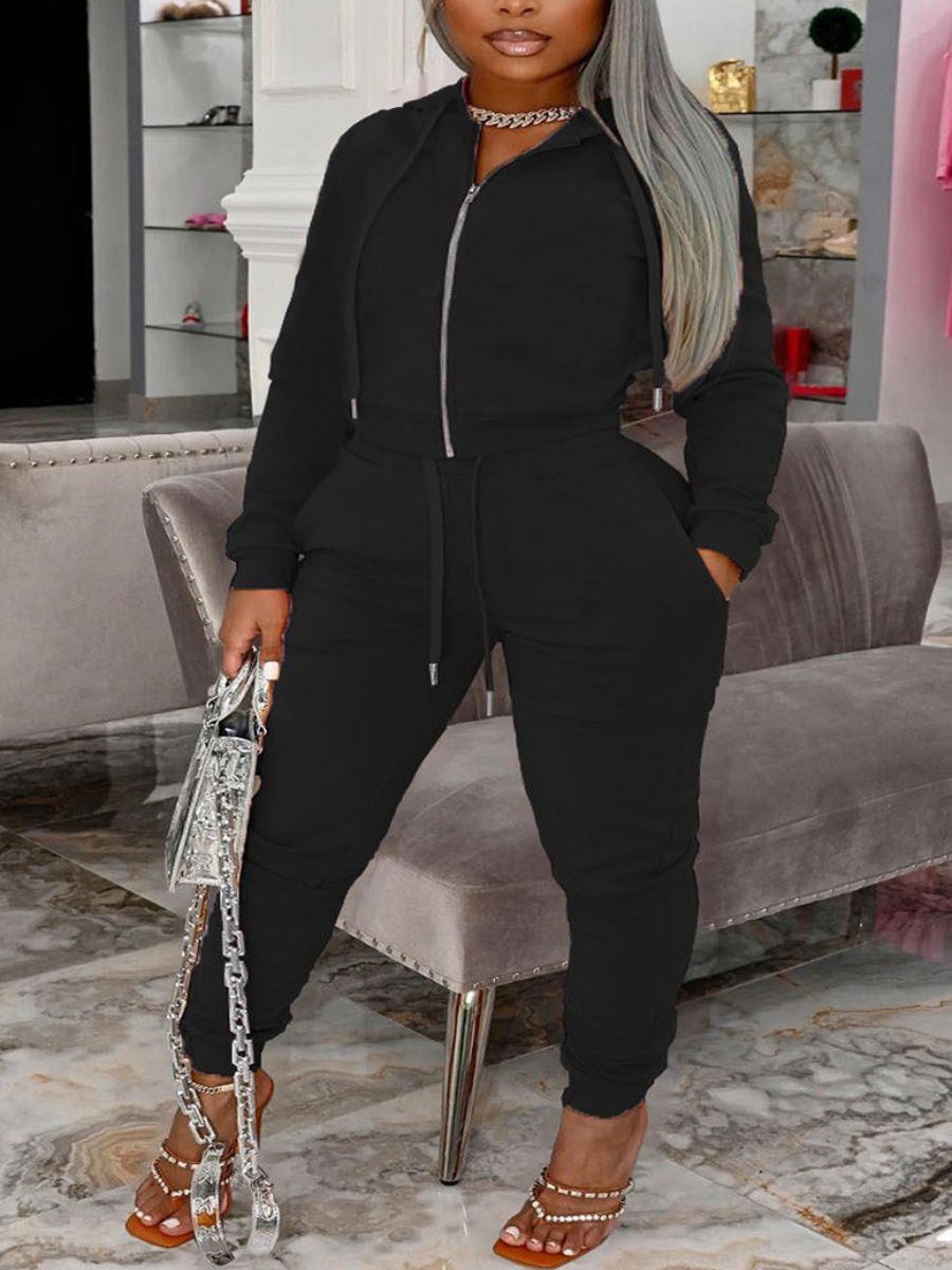 

LW BASICS Plus Size Drawstring Pocket Design Sweat Tracksuit Set, Black