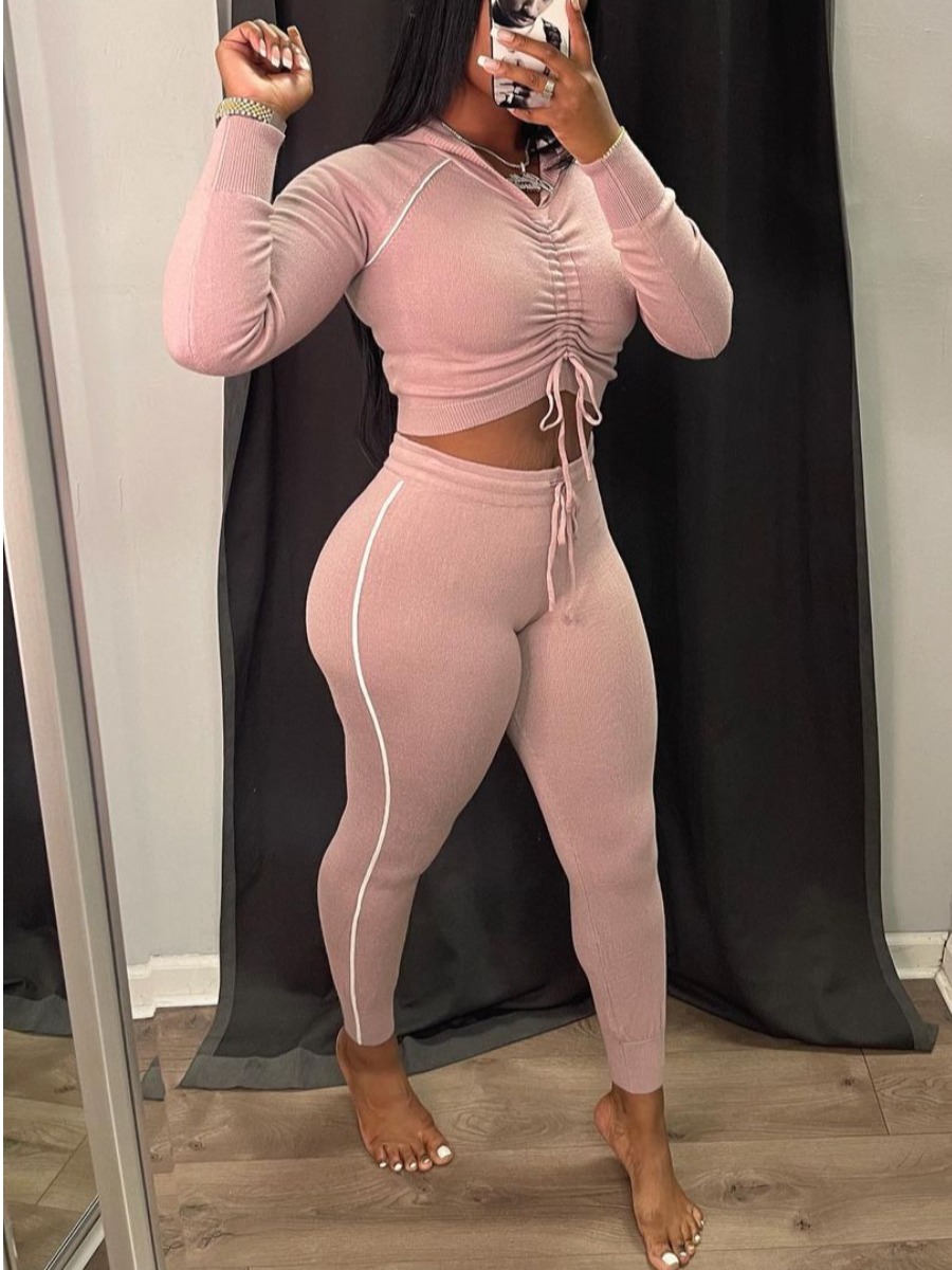 

LW Hooded Collar Drawstring Striped Pants Set, Pink