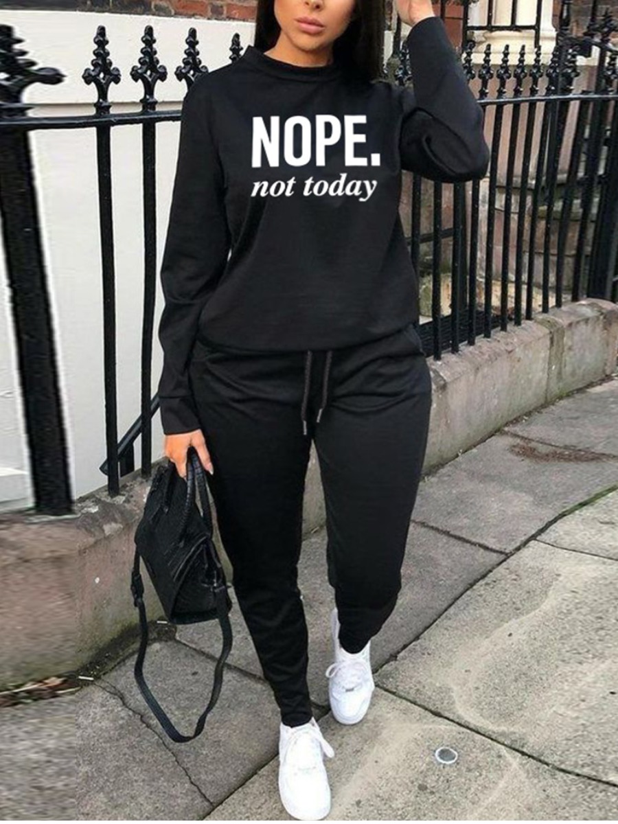 

LW Plus Size Drawstring Letter Print Tracksuit Set, Black