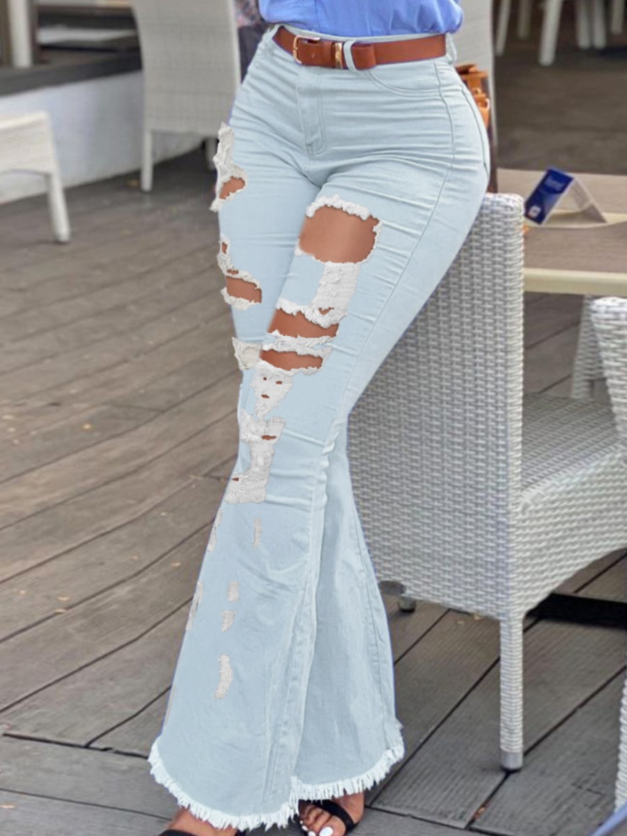 

LW Mid Waist High Stretchy Ripped Flared Jeans, Baby blue
